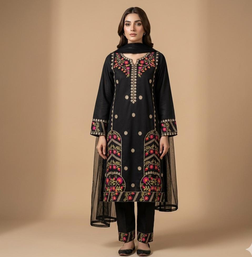 Black 3-Piece Lawn Embroidery