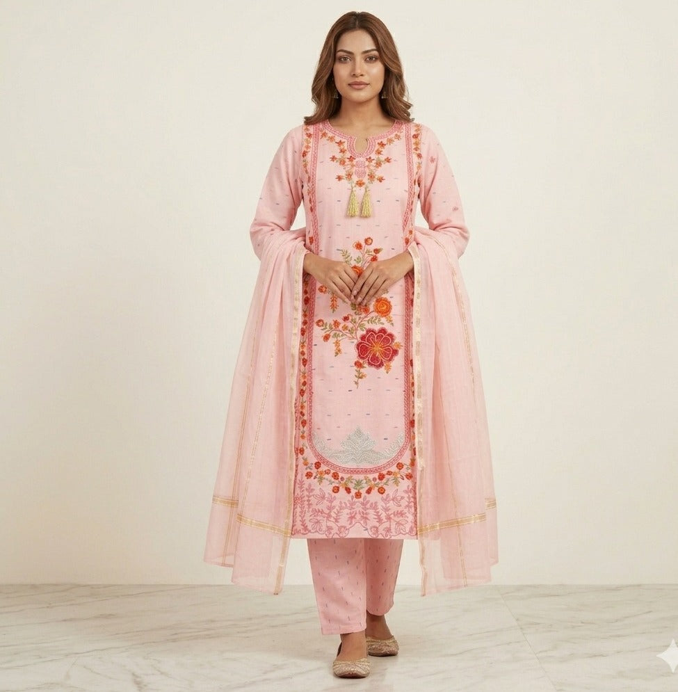 Pink 3-Piece Lawn Rose Floral Embroidery